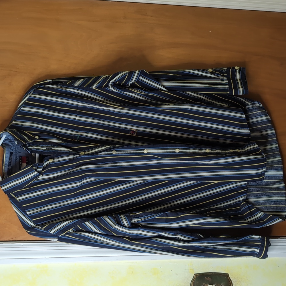 Tommy Hilfiger Vintage 90s Striped Blue and Yellow Men's Shirt Large Button Up